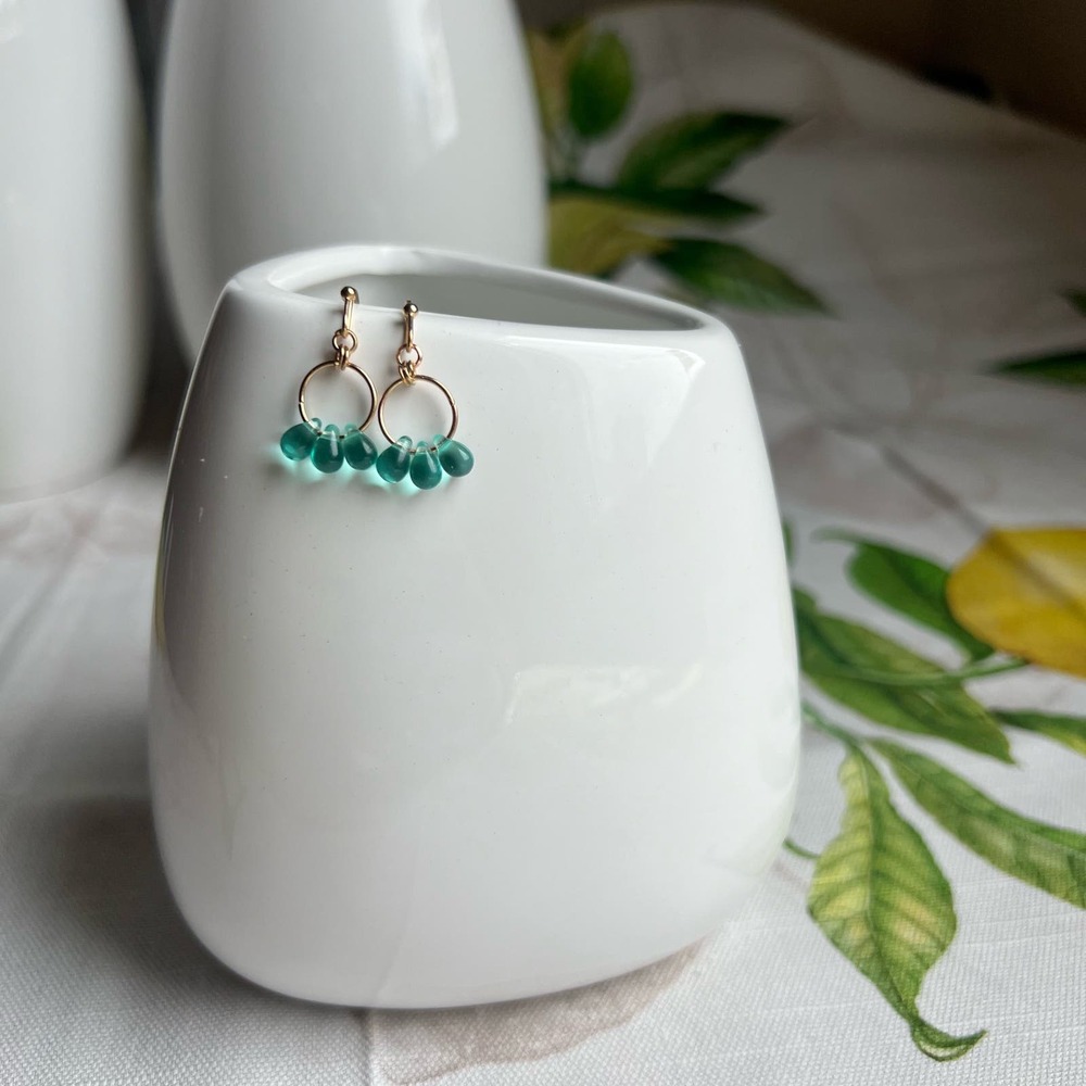 Czech Glass Earrings, Island Blue Teardrop, Mini Hoop, Casual, Dainty, Turquoise